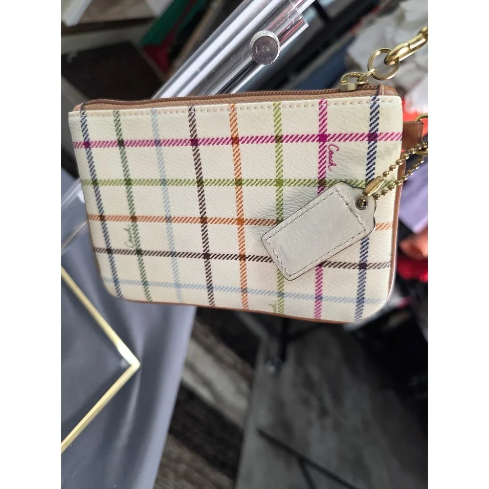 COACH Heritage Plaid Tattersall Stripe Horse & Carriage Wristlet Pouch Blue‎